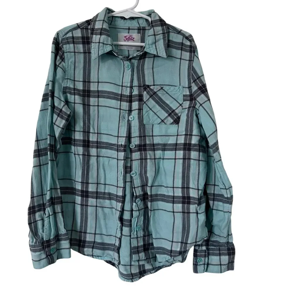 Justice Teal & Gray Plaid Flannel Button Down - Size 10